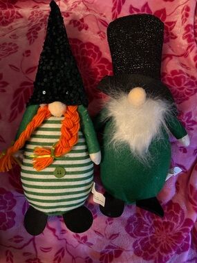Green Holiday Gnome Pair with Black Hats and Orange Braid